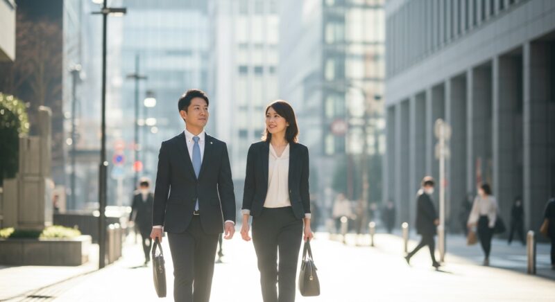 朝の街を前向きに歩く30代の日本人男女。キャリア転換に向けて新しい一歩を踏み出すイメージ。