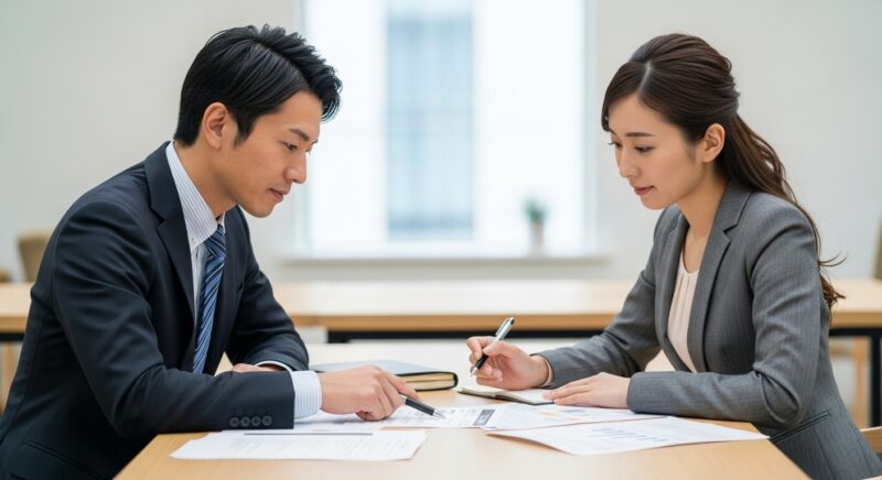 資料を見ながら話し合う30代の日本人男女。キャリア転換に向けた仕事選びを考えている場面。