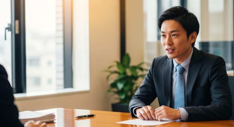 面接対策をする30代の日本人男性。志望動機を言語化し、説得力を高めようとしている様子