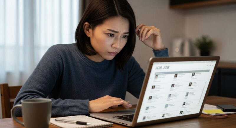 パソコンを見ながら悩む30代の日本人女性。未経験分野への転職で不安を抱える様子を表した写真。