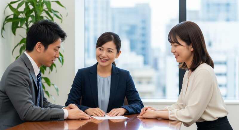 転職エージェントと相談する30代の日本人男女。キャリア転換をサポートする場面を表した写真。