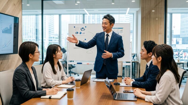 40代男性がチームをまとめながらマネジメントしている様子