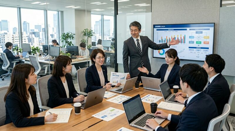 40代の男女管理職がチームをまとめながら会議を行う様子。マネジメント経験と組織運営のイメージ