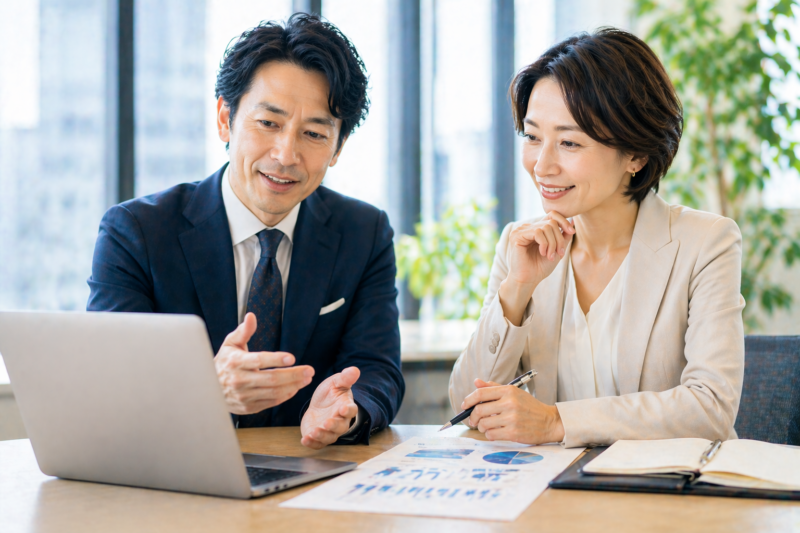 明るいオフィスで40代の男女がパソコンと資料を見ながら打ち合わせを行い、経験や実務力が転職市場で評価される様子を表現したイメージ画像