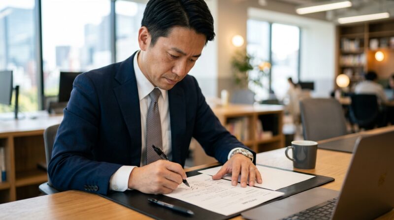職務経歴書を見直している40代の日本人ビジネスマン