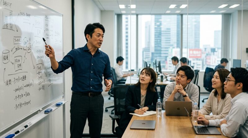 会議室でチームメンバーに説明をする40代ビジネスパーソン。マネジメント経験を表現したイメージ。