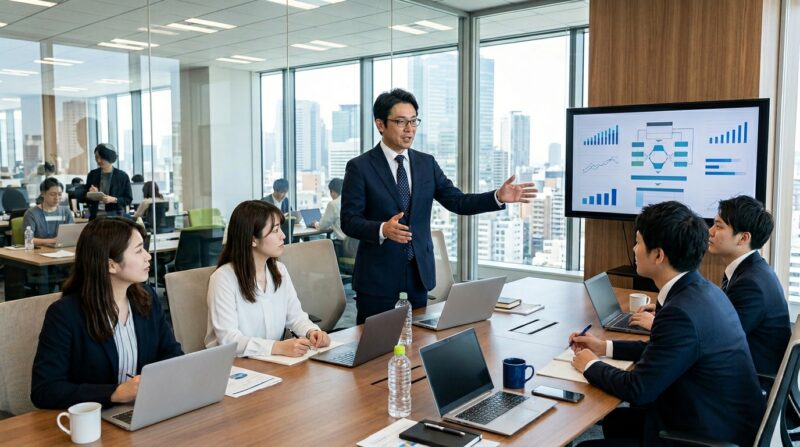 会議で部下に指示を出す40代の日本人管理職の様子