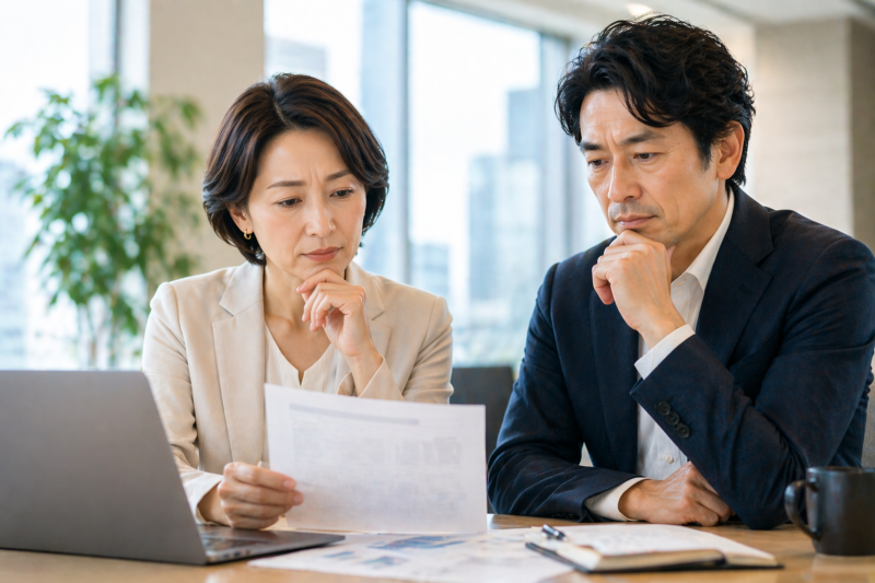 明るいオフィスで40代の男女が書類を見ながら真剣な表情で転職について考えている様子を表現したイメージ画像
