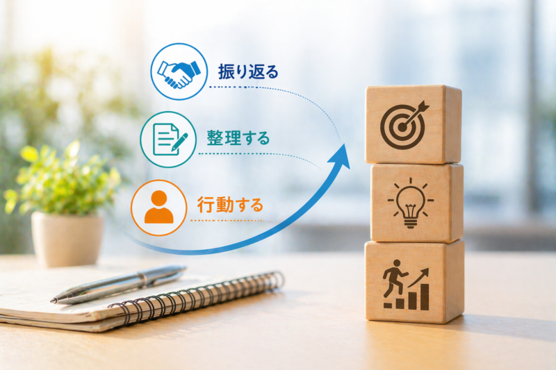 ノートとペンが置かれたデスクの上で積み木が上向きに積み上がり、40代転職で経験を整理し前向きに行動する流れを表現したイメージ画像