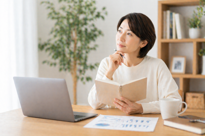 自宅のワークスペースで40代女性がノートを持ちながら転職活動について考え、ブランク明けの再就職準備や自己PRを見直している様子を表現した画像