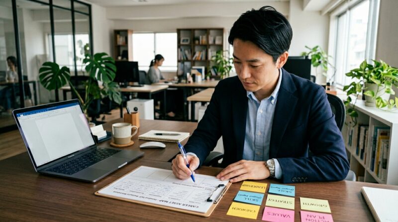 自身のスキルや経験を可視化し、転職活動の対策を練る日本人ビジネスパーソン