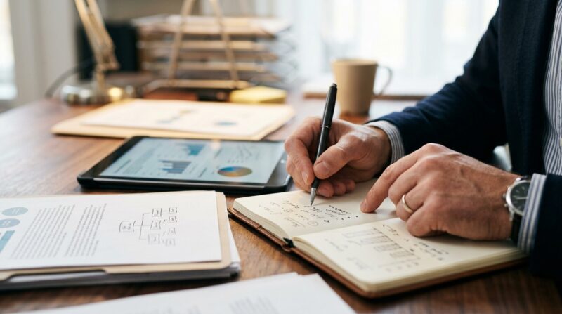 ノートにメモを書きながらキャリアを整理するビジネスシーン