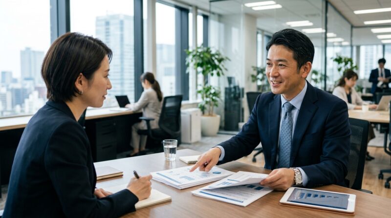 面談で自分のキャリア経験を説明する40代ビジネスパーソン