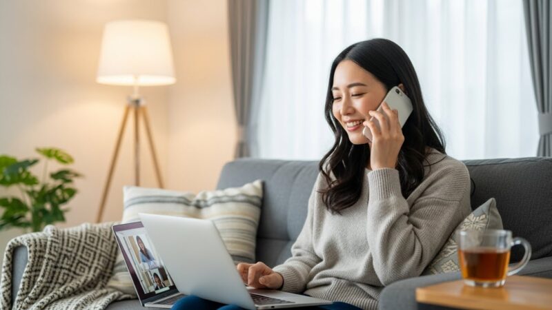 スマホを使って転職のプロに相談し、安心した表情を見せる日本人女性