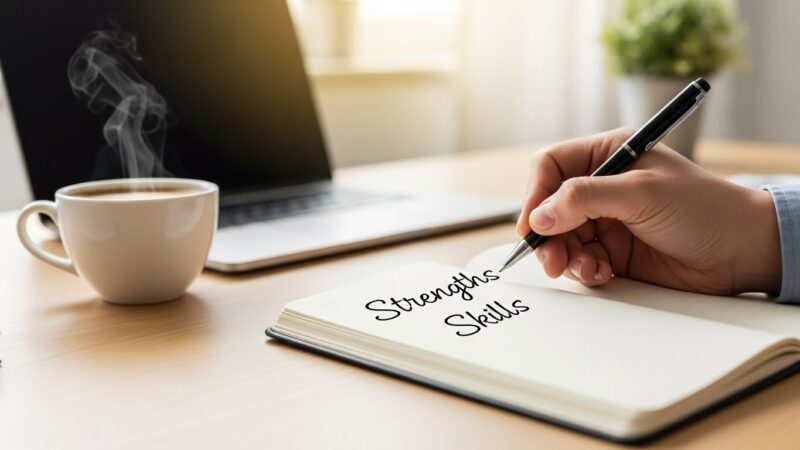 ノートに自分の強みやスキルを書き出し自己分析を行う様子。成功するキャリアチェンジに必要な視点のイメージ。