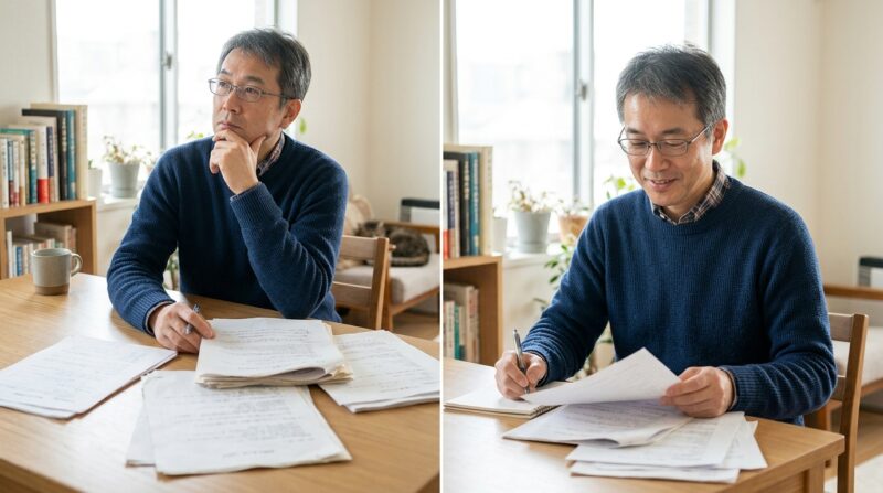 ブランク期間後に転職活動を考える40代の男性が前向きに準備する様子