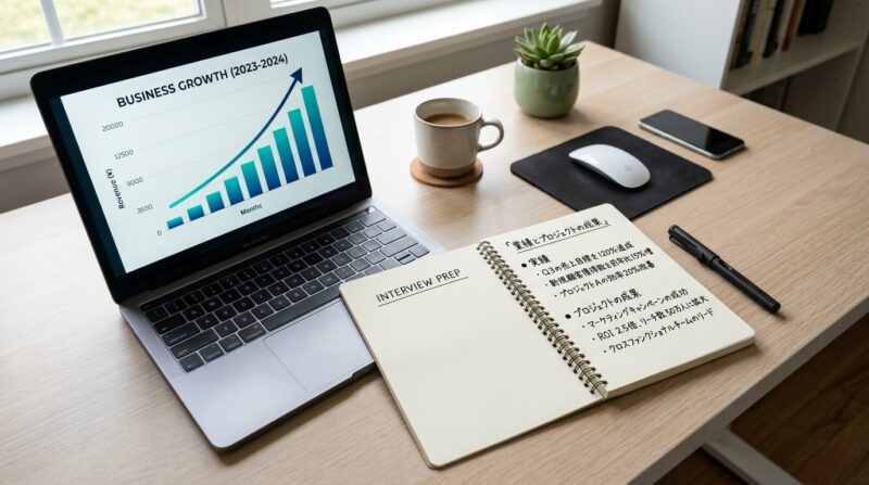 転職面接に向けて、自身のマネジメント実績や成果をノートに整理する様子