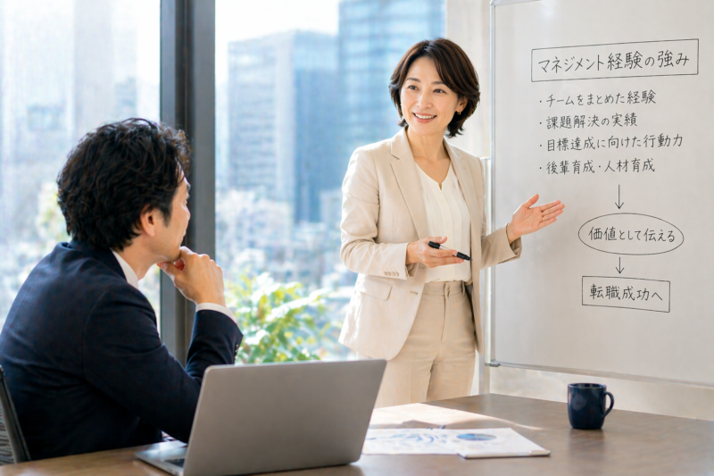 明るい会議室で40代女性がホワイトボードを使って説明し、男性が話を聞いている様子から、マネジメント経験や実績を転職でアピールする場面を表現した画像