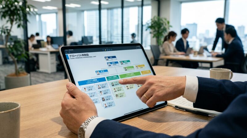 組織図を確認し、マネジメントとしての役割を再認識するビジネスパーソンの手元