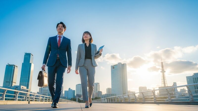 名古屋の街並みを背景に、自信を持って新しいキャリアへ踏み出すビジネスパーソン。一人で悩まない転職成功のイメージ。