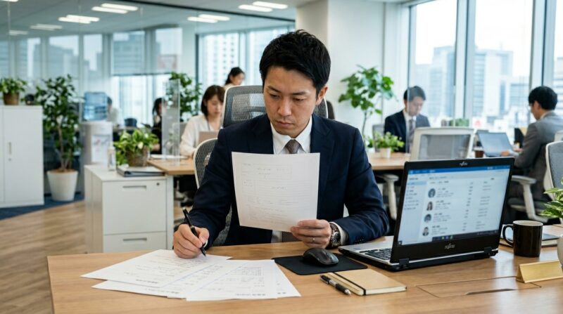 採用担当者が履歴書を確認し評価している様子。転職の評価基準イメージ