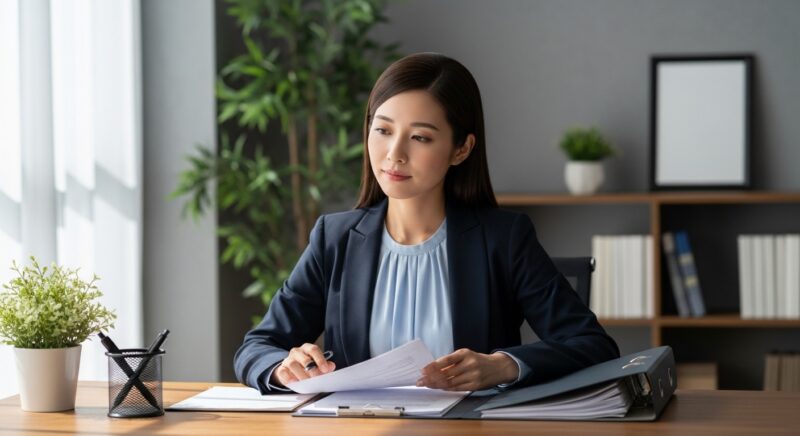 温かい照明のオフィスで採用担当者が職務経歴書を丁寧に確認している様子。評価視点を表現したイメージ。