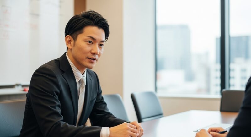 面談で話を聞く採用担当者と30代の求職者。企業が30代転職者に期待する視点を表したイメージ。