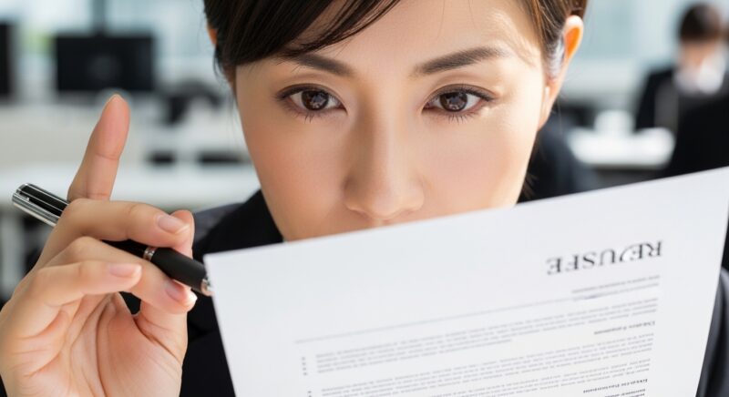 オフィスのデスクで、数多くの応募書類の中から重要なポイントをチェックする採用担当者の手元