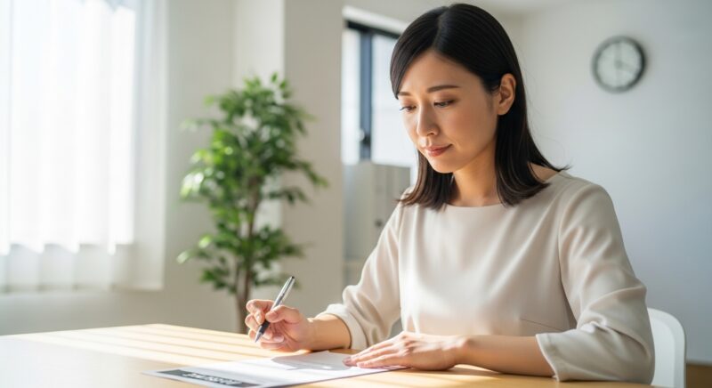 書類選考で結果が出ず、職務経歴書を見直しながら悩む女性のイメージ画像