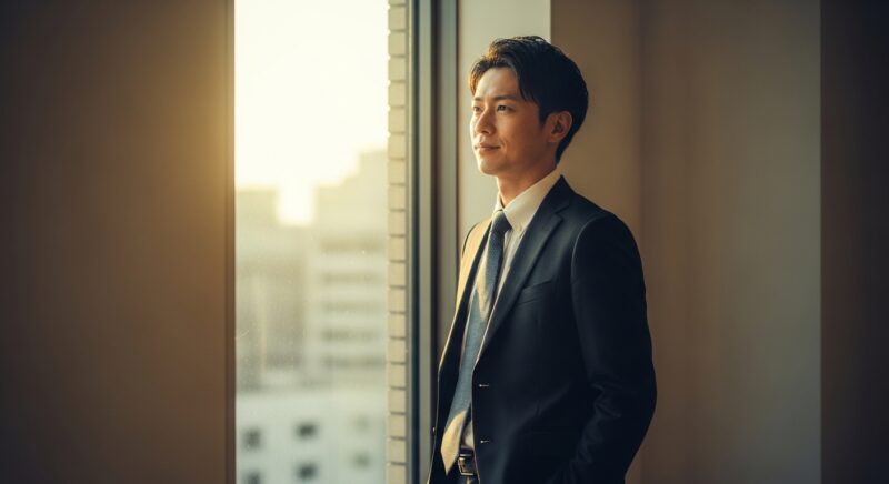 窓辺で前向きな表情を浮かべるビジネスパーソン。未経験でも活かせるポータブルスキルを象徴するイメージ。