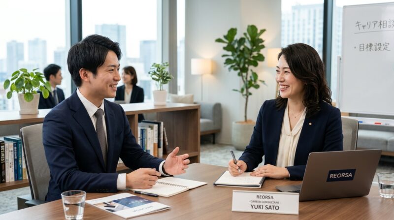 リオルサのオフィスで、キャリアアドバイザーから親身な転職サポートを受ける男性