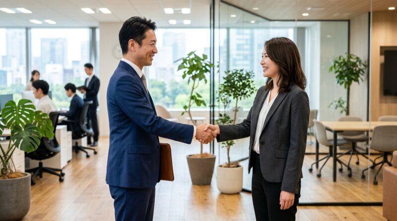 株式会社リオルサの転職エージェントと求職者が握手を交わす場面。職務経歴書の添削や転職支援を象徴するイメージ。
