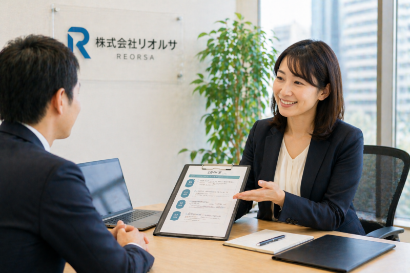 明るいオフィスで女性キャリアアドバイザーが男性求職者に資料を使って説明し、株式会社リオルサの転職エージェントによる相談サポートを表現した画像