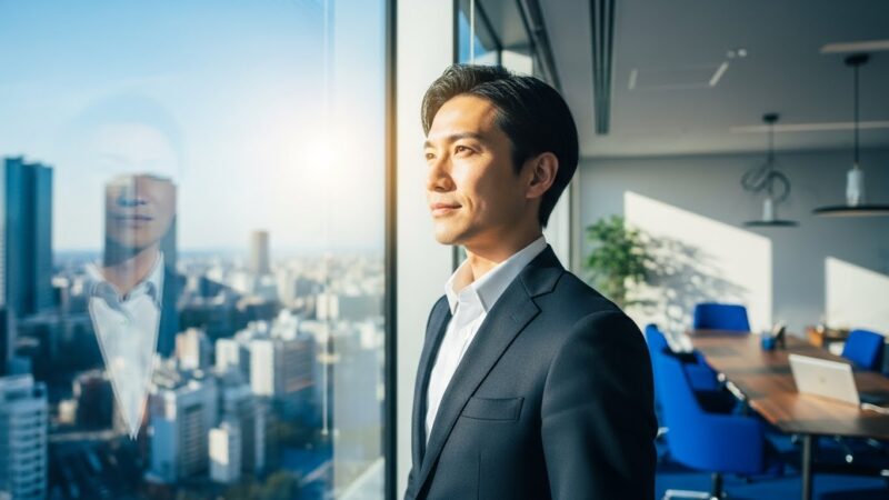 窓の外を眺めながら将来のキャリアについて考える30代の日本人ビジネスパーソン。30代のキャリア転換を象徴するイメージ。