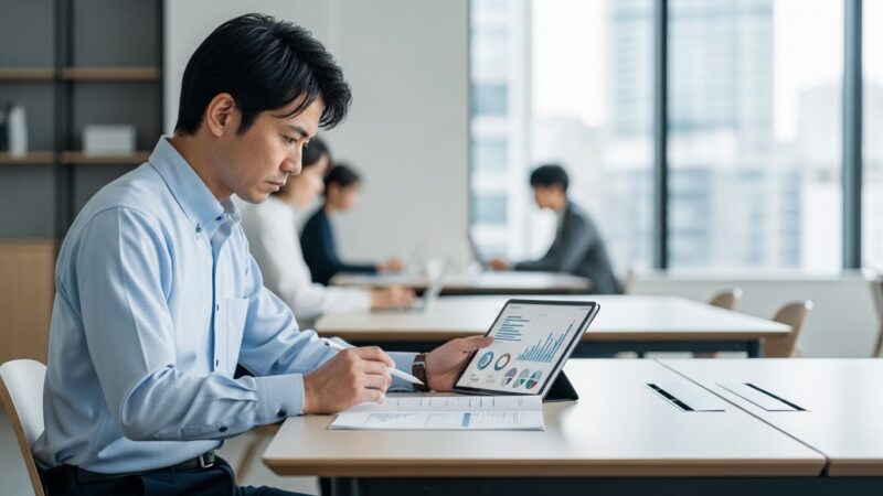 第二の仕事選びに向けて年収やキャリアを比較検討する30代の日本人