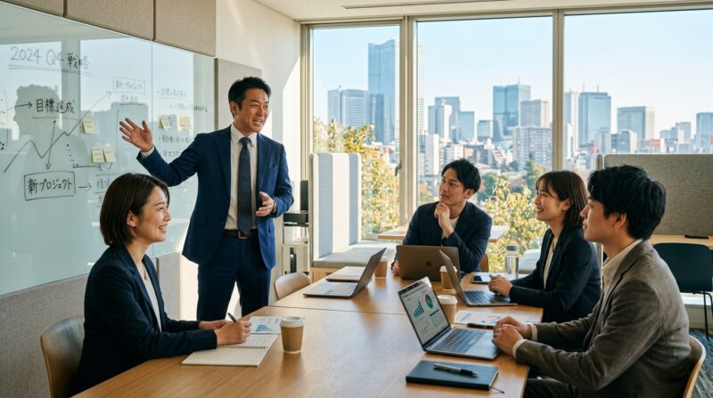 会議でチームをリードし、円滑なコミュニケーションを図るマネージャーの様子