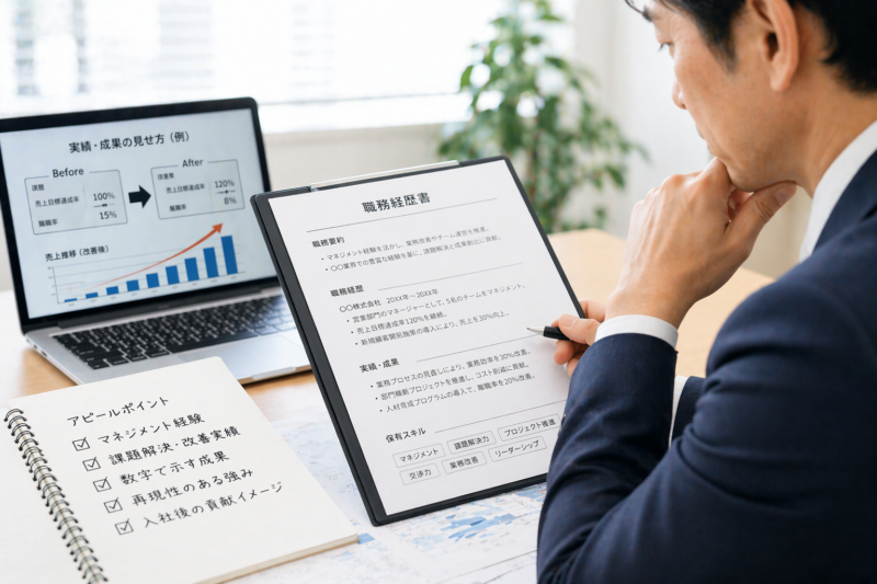 明るいオフィスで40代男性が職務経歴書を確認しながら、パソコンの資料を参考に経験や実績のアピール方法を考えている様子を表現した画像