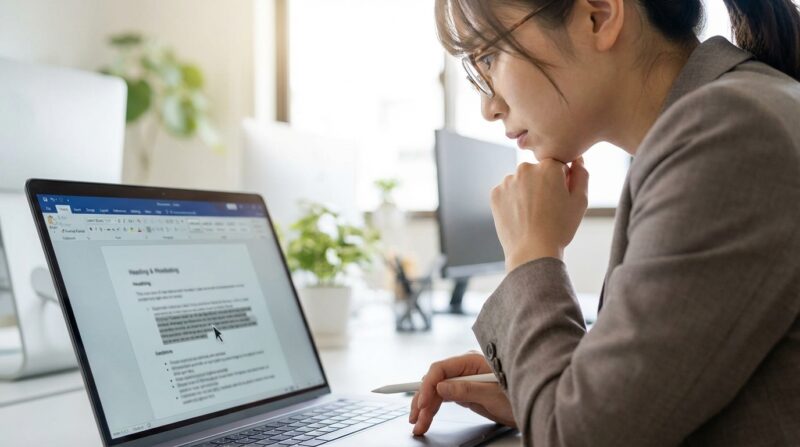 職務経歴書のNGワードや失敗例を修正している求職者の様子。書類選考を突破するための改善イメージ。