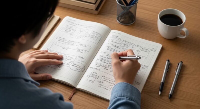 ノートやタブレットを使って、職務要約や経歴のブロック構成を組み立てている様子