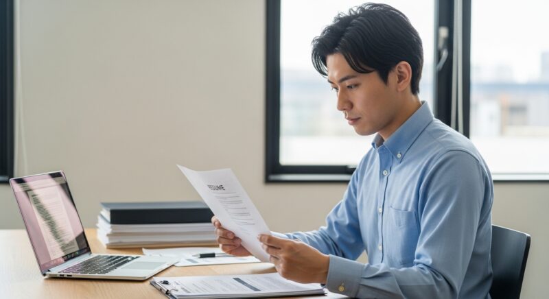 デスクで職務経歴書を見直すビジネスパーソンの様子