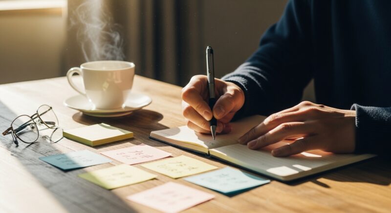 ノートに書き出しながら自分の経験を整理するビジネスパーソン。職務経歴書のアピール準備を表現。