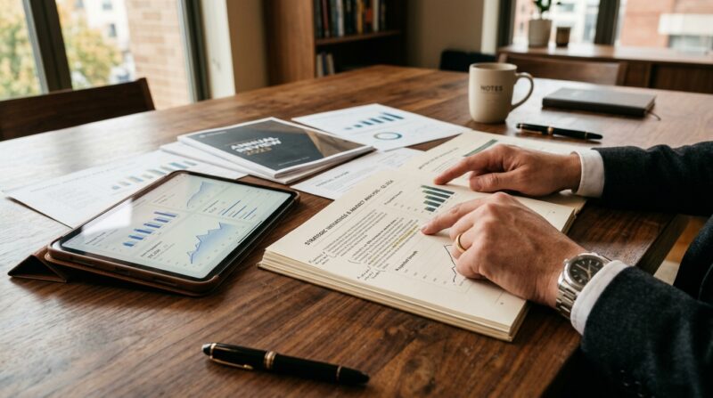 複数の求人情報や地図を見比べ、自分に最適なルートを指差すイメージ。俯瞰的な視点。