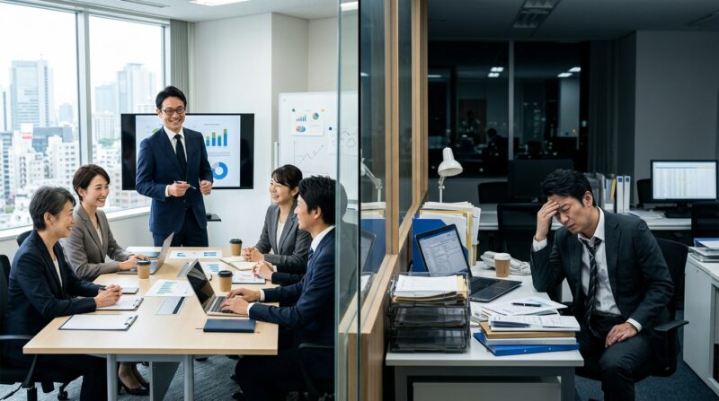 チームを率いる管理職と一人で悩むビジネスマンの対比イメージ