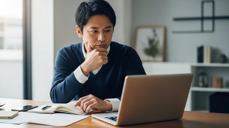 転職に必要な情報を集め、冷静に考えている若手社会人のイメージ