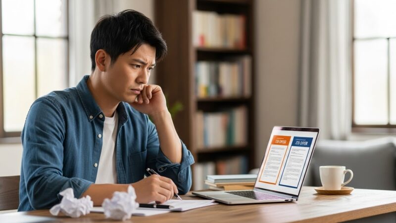 転職の選択に迷う30代日本人男性の様子