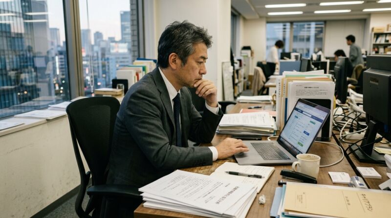 オフィスでパソコンを見ながら転職について考える40代ビジネスパーソン