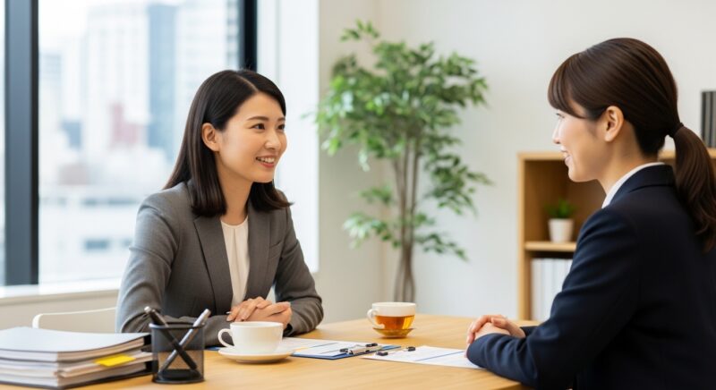 転職エージェントが女性求職者と対話しながら職務経歴書についてアドバイスする様子