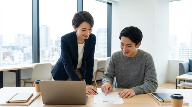 株式会社リオルサの転職エージェントが職務経歴書を添削し、書類選考突破のポイントをアドバイスしている場面。
