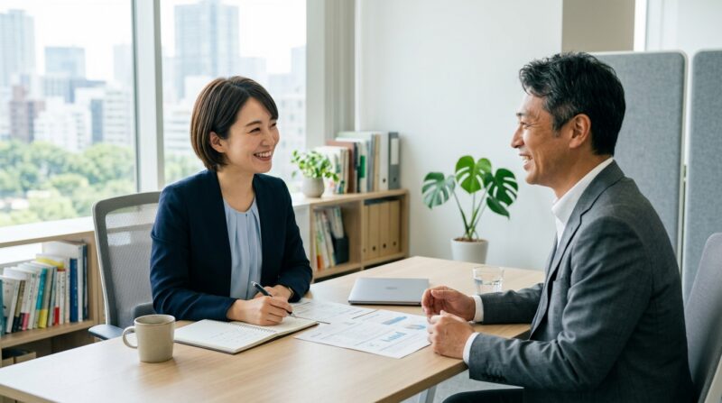 40代男性が転職エージェントに相談している様子