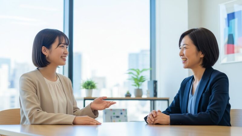 転職エージェントのアドバイザーと笑顔で面談し、転職のアドバイスを受ける日本人女性